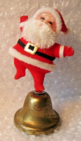 Vintage Flocked Dancing Santa Mid Century Gold Tone Bell 4.  5 "