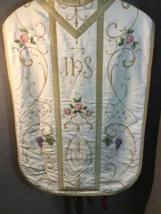 Antique French Painted Floral Linen Silk Gold Roses Catholic Vestment Chasuble