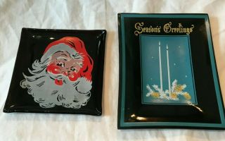 Vintage Mid Century Tempered Glass Christmas Decorative Dishes Santa & Candles