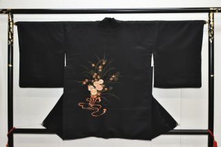 Vintage Silk Kimono Jacket:embroidered Chrysanthemum/plum Blossom@yu27