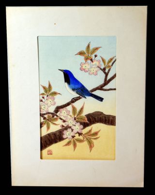 7 " Vintage Japanese Woodblock Print Blue Bird On Cherry Tree Flowers