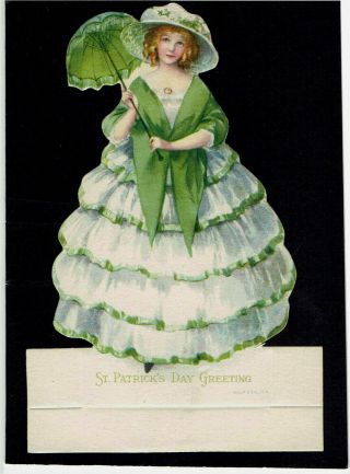 Shaped Vintage St Patricks Day Greetings Card Crinoline Lady With Parasol