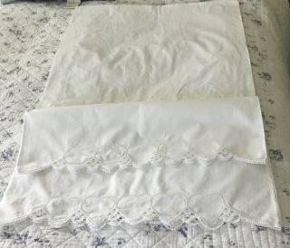Two Pair (4) Vintage Cotton Pillowcases With Crocheted And Heart Edge Detail