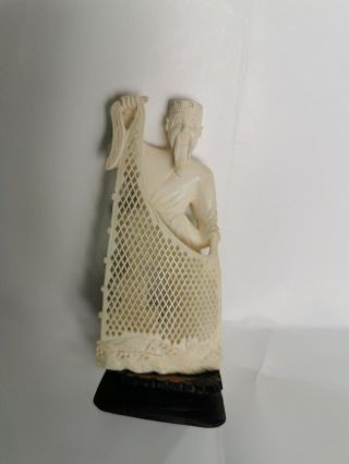 Vintage Antique Bovine Bone Hand Carved Chinese Fisherman Figurine