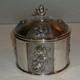 Vintage Silverplate Round Ornate Jewelry Box Red Velvet Lined 5 " Tall X 4 1/4 " D