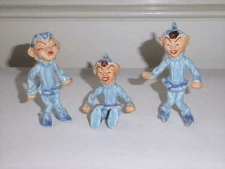 3 Vintage Blue Ceramic Christmas Pixie Elf Figurines Treasure Craft Made In Usa