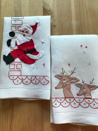 Vintage Santa & Reindeer Cotton Embroidered Hand Towels