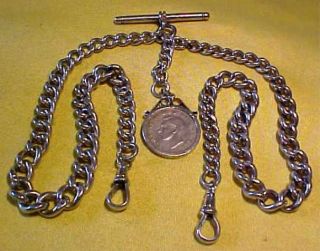 Sterling Silver Double Albert Pocket Watch Chain.  925 Clasps With Coin Mount Fob