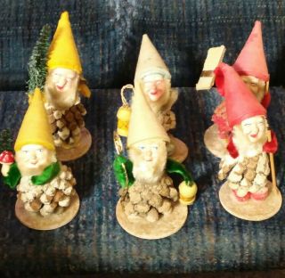 Vtg 6 Pc Set Christmas Pine Cone Santa Elf Gnome West Germany Chenille 3”
