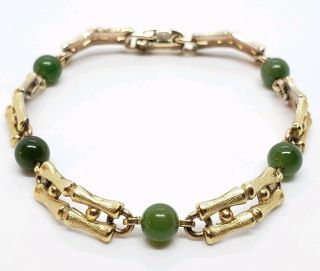 Vintage Signed Krementz Gold Filled Bamboo Shoot Link & Nephrite Jade Bracelet