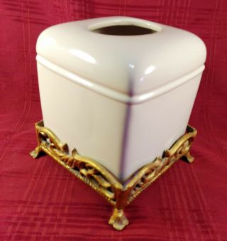 Belaverra White Ceramic Bathroom Tissue Box Cover In Gold Ormolu Holder Vintage