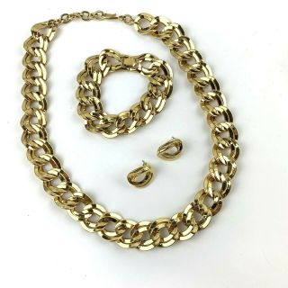 Vtg Monet Gold Tone Chain Necklace Bracelet Earring Set Double Curb Large Link