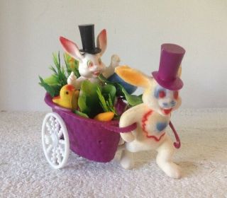 Vtg Easter Decor - Flocked Bunny Pulling Cart Top Hat Chick Carrot Egg Spring Cute