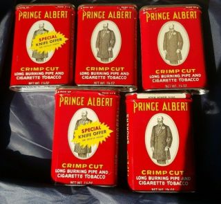 5 Prince Albert Crimp Cut Pipe Cigarette Tobacco Tin 2 Special Knife Offer