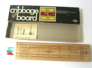 Vintage 1968 E.  S.  Lowe Wooden Cribbage Board With Pegs And Instructions