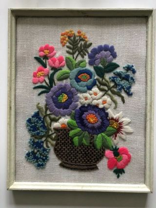 Vintage Mid Century Crewel Embroidery Flower Power Framed 1972