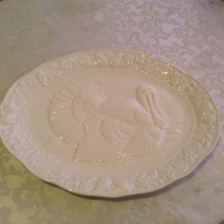 Vintage Thanksgiving Turkey Platter Signature Ceramic Embossed White 17.  5 X 14