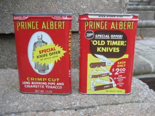 Vintage Prince Albert Tobacco Pocket Tins W/ Knife Offer.  2 Different Versions