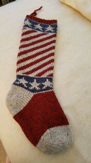 Vtg Wool Knitted Christmas Stocking,  Red White Blue Americana Flag 18 "