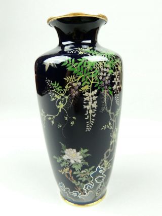 Antique Japanese Silver Wire Cloisonne Vase Bird And Wisteria