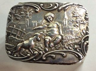 Fine 1889 Victorian Constantine & Floyd Solid Silver Cherub Dog Snuff Pill Box