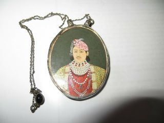 Antique Indian Miniature Painting Portrait Of Prince In Oval Silver Frame,  Chain