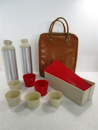 Vintage Set Of 2 Quart Size Thermos 2434 W/carrying Case And Storage Box