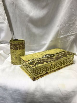 Vintage Tissue Box & Glass Holder Shabby Yellow Chic Metal Gold Awesome Decor