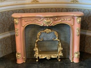 Miniature Dollhouse Artisan Vintage Plaster Painted Parlor Fireplace Pink Gold