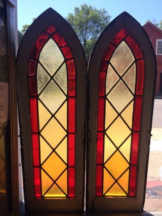 Great Pair Old Gothic Cathedral Red Stained Glass Windows Church Ok