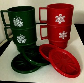 Vintage Tupperware Christmas Mugs With Lids - Coasters Set Of Four Red Green