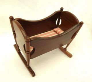 Vintage Sonia Messer Walnut Wooden Colonial Baby Cradle Miniature Doll Dollhouse