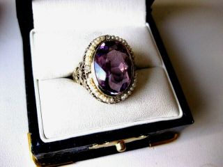 Antique 14k White Gold Filigree Ring:natural Amethyst & Seeds Pearl,  Art Deco