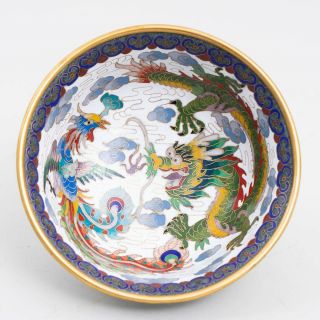 Antique Chinese Cloisonne Dragon & Phoenix Brass & Enamel Bowl 6 " Signed
