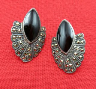Vintage Sterling Silver Pierced Earrings Marcasites Black Enamel Art Deco 184m