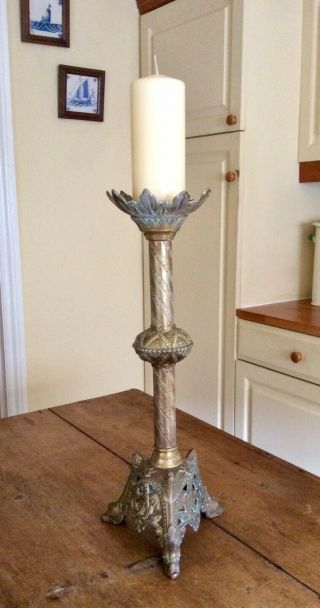 Large Antique Brass 19th Century Pricket Candlestick,  Dolphin Feet.