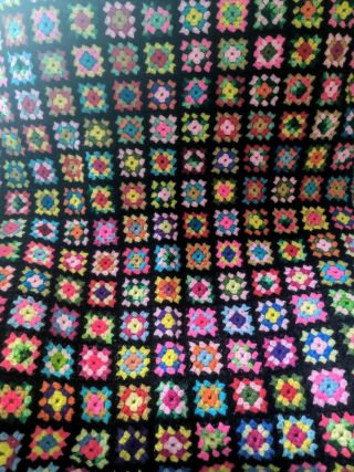 Vintage Handmade Wool Crochet Throw Blanket Afghan Granny Square App 56x40 Black