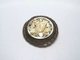 Vintage Jerusalem Silver Carved Mother Of Pearl Floral Brooch Or Pendant,  9.  3g