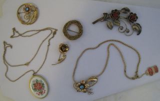 6 Vintage Mid 20th C.  Gold Filled Brooches Necklaces 10k Gf Art - Nouveau - Style
