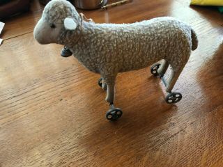 Antique Vintage Steiff Sheep On Metal Wheels Straw Stuffed Mohair No Button Cute