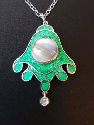 Vintage Antique Solid Silver Enamel Moonstone Pendant Necklace