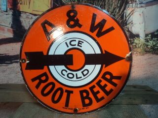 Vintage Ice Cold A & W Rootbeer Porcelain Gas Station Advertising Sign Soda Pop