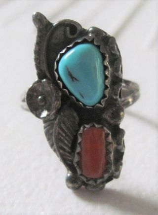 Vintage Sterling Silver Navajo Turquoise & Coral Ring Floral Feather 3.  2g Size 6