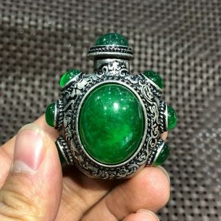 Chinese Tibet Silver & Green Jadeite Jade 9 Beads Collectible Snuff Bottle C5