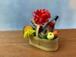 Vintage Miniature Dollhouse Artisan Basket Filled Grapes Cheeses Wine Fruits