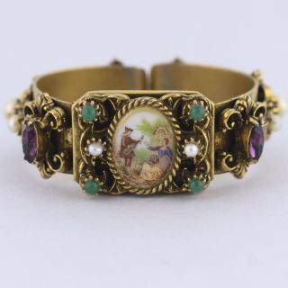 Vtg Victorian Revival Courting Couple Glass Pearl Cuff Bracelet
