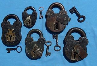 Five Very Large Old Brass And Iron Padlocks With Keys