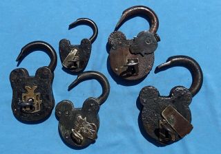 Five very large old brass and iron padlocks with keys 2