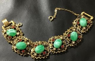 Vintage Selro Selini Bracelet Book Chain Marbled Green Cabs Red Rhinestones 7”