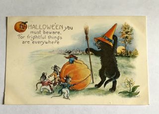 Vintage Whitney Halloween Postcard - Black Cat,  Witch Hat,  Broom,  Mice